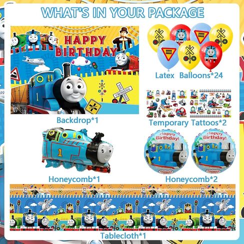 102 Pcs Cartoon Train Theme Party Decorations, Including Birthday Banner, Hanging Swirls, Cake&Cupcake Toppers, Balloons, Backdrop, Tablecloth, Temporary Stickers,Cartoon Honeycombs, Foil Balloons in Kuwait