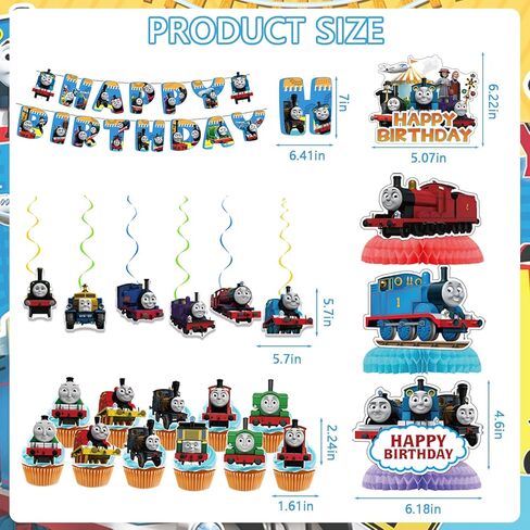 102 Pcs Cartoon Train Theme Party Decorations, Including Birthday Banner, Hanging Swirls, Cake&Cupcake Toppers, Balloons, Backdrop, Tablecloth, Temporary Stickers,Cartoon Honeycombs, Foil Balloons in Kuwait