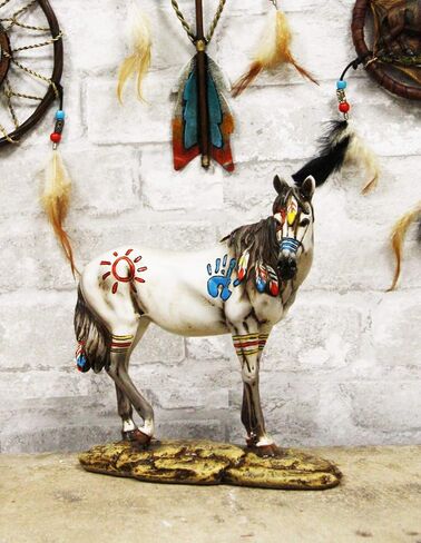 Ebros Equestrian Tribal Beauty Medicine Spirit Horse Hand Crafted Statue 8" High Native American Indian Symbols Sun Palm Feathers Stallion Animal Decor Sculpture Multicolor in Saudi Arabia