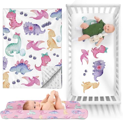 Baby Crib Bedding Set, 3 Piece Dinosaur Theme Nursery Decor Set with Baby Blanket, Fitted Crib Sheet, and Changing Pad Cover for Infants Toddlers Gifts(Fixed Size) in Saudi Arabia