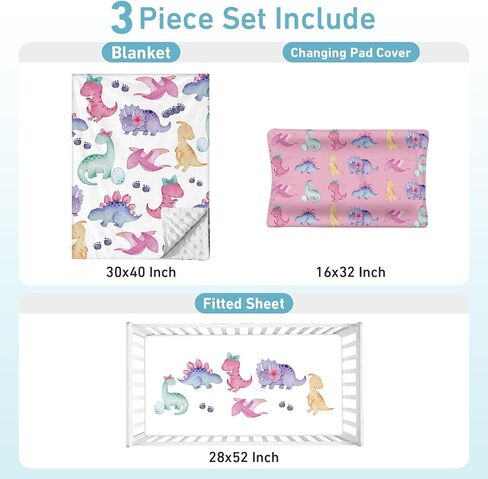 Baby Crib Bedding Set, 3 Piece Dinosaur Theme Nursery Decor Set with Baby Blanket, Fitted Crib Sheet, and Changing Pad Cover for Infants Toddlers Gifts(Fixed Size) in Saudi Arabia
