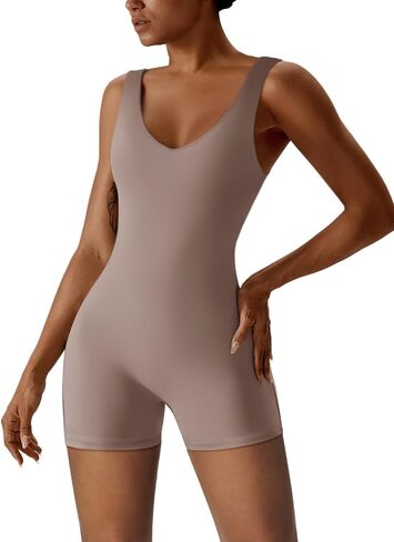 REORIA Women's Sexy V Neck Sleeveless Bodycon Romper Stretchy back V neck Sexy Unitard Jumpsuit in Saudi Arabia