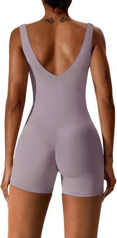 REORIA Women's Sexy V Neck Sleeveless Bodycon Romper Stretchy back V neck Sexy Unitard Jumpsuit in Saudi Arabia