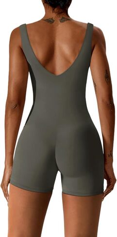 REORIA Women's Sexy V Neck Sleeveless Bodycon Romper Stretchy back V neck Sexy Unitard Jumpsuit in Saudi Arabia