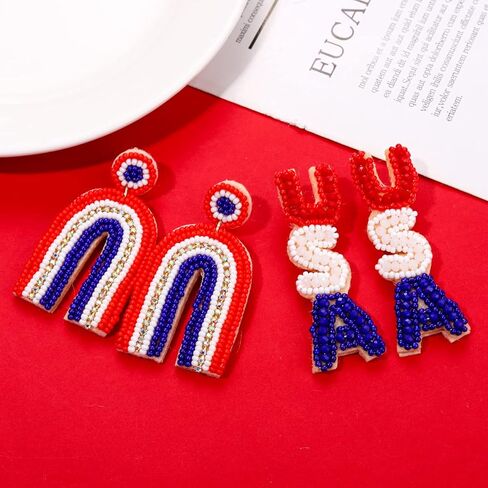 NLCAC USA Earrings Beaded American Flag Stars Ice Cream Drop Dangle Earrings 4th of July Patriotic Jewelry Memorial Independence Day Gifts for Women in Kuwait