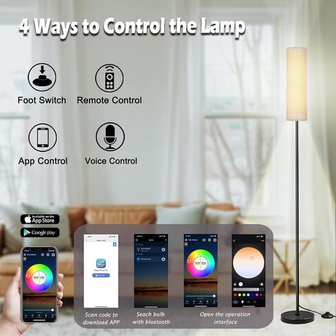 مصابيح أرضية لغرفة المعيشة، مصباح LED ذكي حديث طويل القامة متوافق مع Alexa وGoogle Home، مصباح زاوية مع عاكس الضوء من الكتان لغرفة النوم عن بعد والتحكم في تطبيق WiFi بدون خطوات قابلة للتعتيم in Saudi Arabia