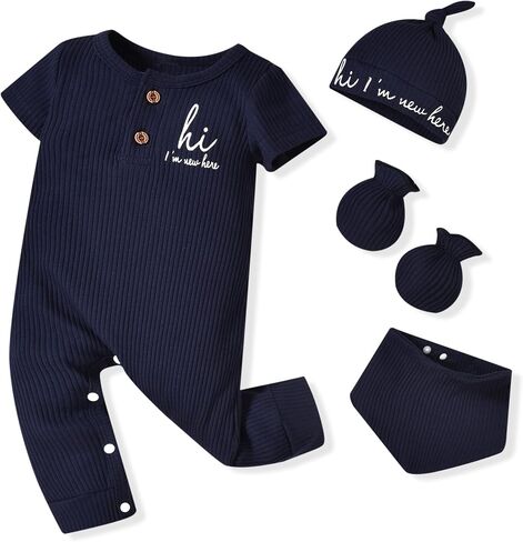 HINTINA Newborn Baby Boy Romper Coming Home Outfits Letter Print Bodysuit Jumpsuit With Hat 4 Pieces Clothes Set in Saudi Arabia