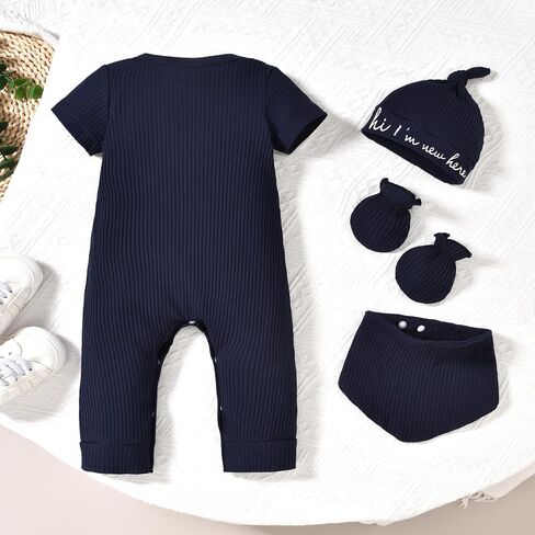 HINTINA Newborn Baby Boy Romper Coming Home Outfits Letter Print Bodysuit Jumpsuit With Hat 4 Pieces Clothes Set in Saudi Arabia