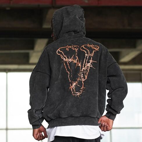 Arnodefrance الرجال V رسالة الرسم الطباعة خمر هوديي المتضخم القطن هوديس البلوز الرمادي in Kuwait