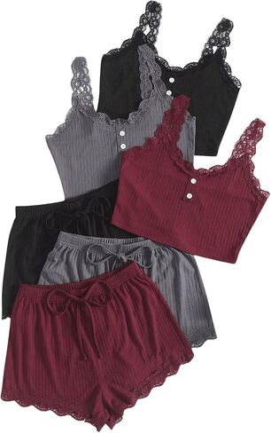 SOLY HUX Women's Lace Trim Pajama Set 6 Piece Button Camisole and Shorts Lounge Set Sleepwear in Saudi Arabia