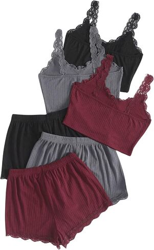 SOLY HUX Women's Lace Trim Pajama Set 6 Piece Button Camisole and Shorts Lounge Set Sleepwear in Saudi Arabia