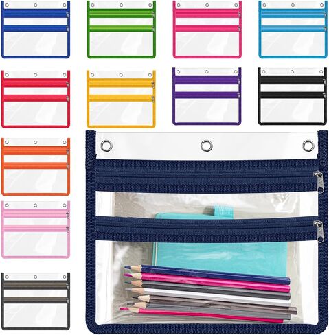 Janlaugh 12 Pcs Binder Pencil Pouch for 3 Ring Clear Binder Pencil Cases Pencil Bags with Zipper Pencil Box Suitable for Storing Pencil Home Office Bulk Supplies, 12 Colors in Saudi Arabia