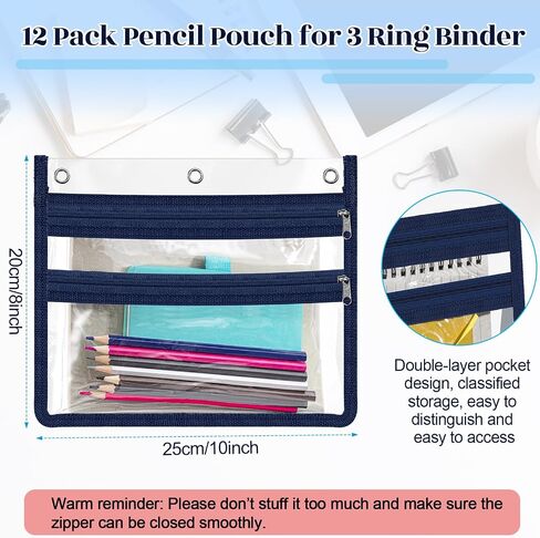Janlaugh 12 Pcs Binder Pencil Pouch for 3 Ring Clear Binder Pencil Cases Pencil Bags with Zipper Pencil Box Suitable for Storing Pencil Home Office Bulk Supplies, 12 Colors in Saudi Arabia