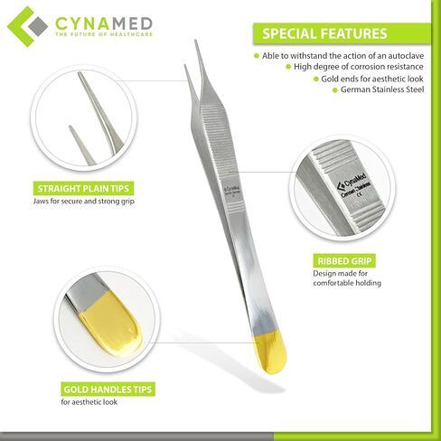 Cynamed Adson Forceps with Gold Handle - 6 in. Straight Fine Point Surgical Veterinary Instruments (Plain, Straight) in Saudi Arabia