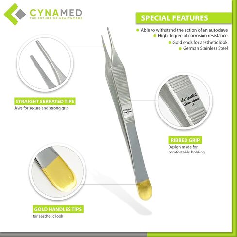 Cynamed Adson Forceps with Gold Handle - 6 in. Straight Fine Point Surgical Veterinary Instruments (Plain, Straight) in Saudi Arabia