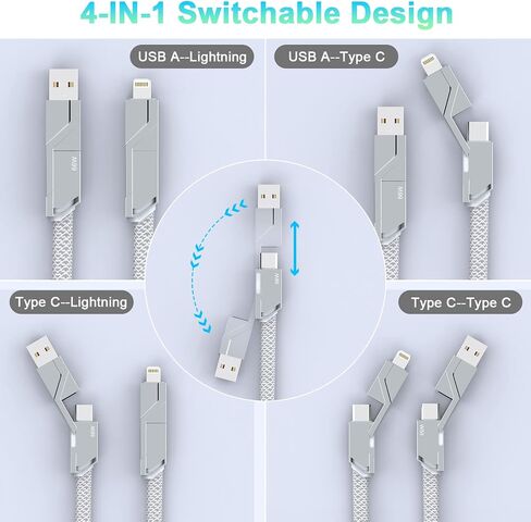 Multi 4-in-1 USB Universal Phone Fast Charging Cable, 66W USB A+Lightning*2+Type C Metal Flat Sync Charger Cord Adapter Combo for Google/Samsung/Huawei/iPhone 14 13/iPad/MacBook/Laptop(6FT) in Saudi Arabia