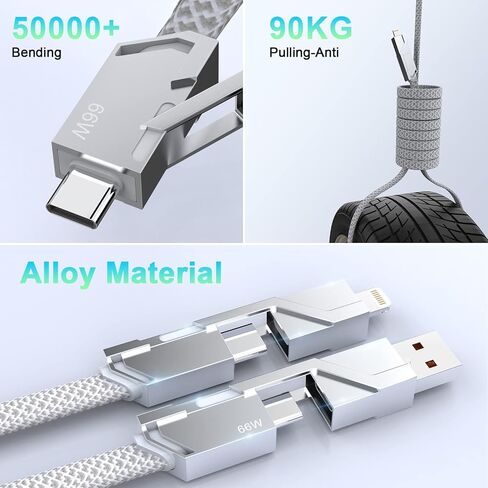 Multi 4-in-1 USB Universal Phone Fast Charging Cable, 66W USB A+Lightning*2+Type C Metal Flat Sync Charger Cord Adapter Combo for Google/Samsung/Huawei/iPhone 14 13/iPad/MacBook/Laptop(6FT) in Saudi Arabia
