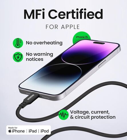 InfinaCore 3ft Lightning Fast Charging Cable - Optimal Charging Experience for Apple Devices - USB-C to Lightning Cable - 60W Power Charger - Built-in Surge & Voltage Protection, Purple Silicone in Saudi Arabia