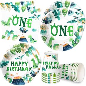 لوازم حفلات أعياد الميلاد الأولى على شكل ديناصور - أدوات مائدة لتزيين حفلات الديناصورات لعيد الميلاد الأول، طبق، كوب، منديل، أواني طعام لتزيين حفلات الديناصورات لعيد ميلاد بعمر عام واحد | يخدم 24 in Kuwait