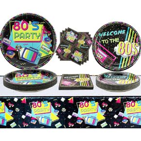80s Party Supplies - 122 Pcs 80s Plates Napkins Tablecloth Set, for Back to the 80s Party Decorations, 80s Theme Birthday Party Supplies - Serves 40