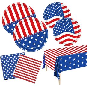 Patriotic Party Supplies,American Flag Patriotic Party Decorations Sets,4th of July Paper Plates and Napkins Tablecloth,Independence Day Decorations,Veterans,Serve 25