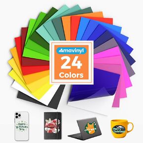 Permanent Vinyl Sheets, 24 Colors 12" x 12" Impervious Adhesive Vinyl for Cricut, Silhouette, Cameo Cutters & All Cutting Machine, Outdoor Vinyl Craft,DIY Mug, Car Decals
