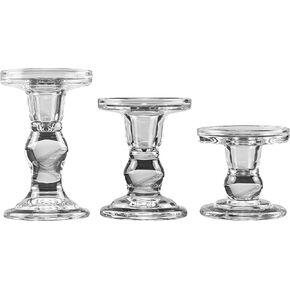 YAKii Clear Glass Candle Holder Set - Elegant Crystal Candlestick Holders for Pillar Taper Candles and Tea Lights - Perfect for Home Decor, Wedding, Christmas and Party - Set of 3
