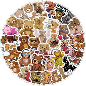 61Pcs Teddy Bear Stickers Pack, Cute Cartoon Vinyl Waterproof Sticker Decals for Water Bottle,Skateboard,Laptop,Phone,Luggage,Journaling,Scrapbooking for Kids Teens Girls Adults for Party Supply