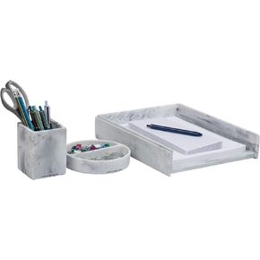 Mind Reader Desktop Set, 3 Pcs., Pen Cup, Catch-All Dish, Paper Tray, Office, Resin, 10.25" L x 12.25" W x 2.5" H, White