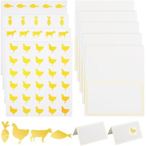 OLYCRAFT 240pcs 4 Style Gold Meal Sticker 0.4 Inch with 60pcs Table Place Cards Food Choice Sticker Set Cow/Chicken/Fish/Carrot Wedding Meal Stickers with Blank Table Cards for Wedding Party Supplies