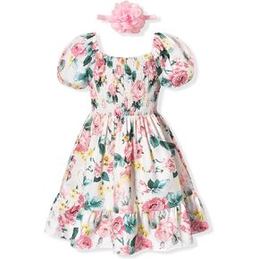 HIHA Toddler Little Girls Summer Floral Dress Smocked Dress with Headband