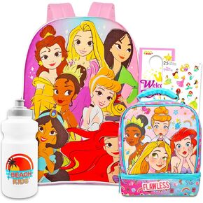 Disney Princess School Backpack With Lunch Box For Girls, Kids ~ 4 Pc Bundle With 16" Princess School Bag, Lunch Bag, Stickers, And More (Disney Princess School Supplies)