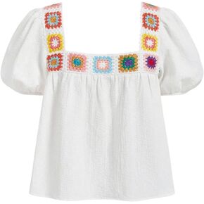 SHENHE Women's Floral Crochet Square Neck Puff Sleeve Shirt Loose Boho Blouse Top