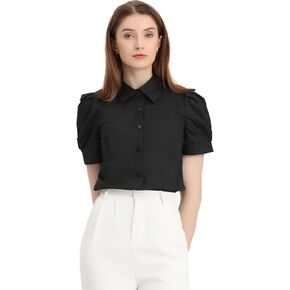 Allegra K Women's Puff Short Sleeve Turn Down Collared Work Office Button Down Shirt