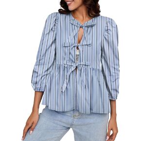 Rapbin Tie Front Tops for Women 3/4 Puff Sleeve Peplum Blouse Summer Cute Ruffle Hem Babydoll Bow Lace Up Shirts