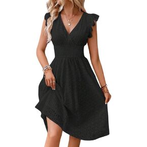 chouyatou Women's 2024 Eyelet Lace Embroidery Smocked Waist Party Dress Sexy Flutter Sleeve A Line Midi Long Sun Dress in Kuwait