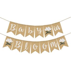 Whaline Baby in Bloom Burlap Banner with Pink Flower, Rustic Bunting Garland for Baby in Bloom Party, Baby Shower Magnolia Floral, Spring Theme Party Mommy to Be Celebration Supplies
