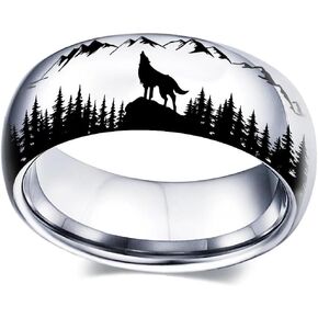 8mm Wolves in the Forest Animal Ring Unique Personality Stainless Steel Wedding Band Anniversary Promise Ring for Men and Women Size 7-13