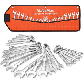 ValueMax Mechanics Wrench Set Metric and Standard, 20PCS Complete Combination Wrenches Roll Set. SAE 1/4" to 3/4", Metric 6mm to 18mm, Full Wrench Set with Roll up Pouch