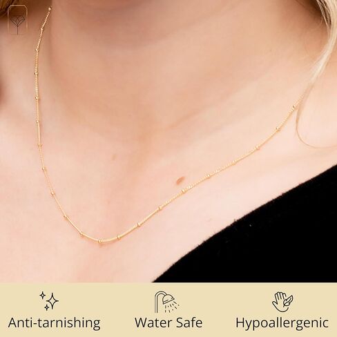 MAX + STONE 10K Yellow Beaded Gold Chain Necklace for Women | Hypoallergenic Gold Necklace for Women with Sensitive Skin | Gold Chain Necklace with 16"- 18" Adjustable Chain in Saudi Arabia