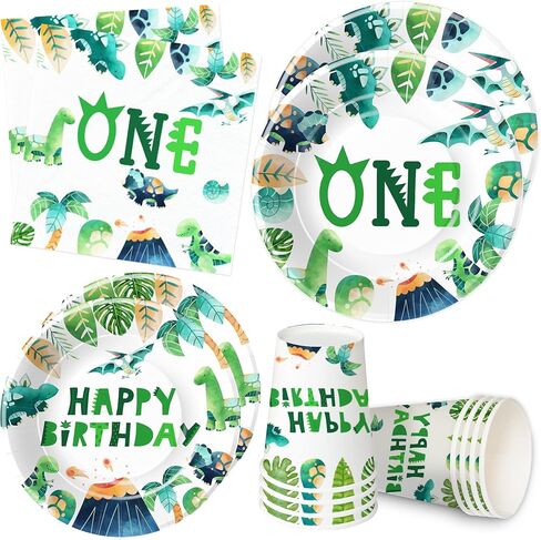 لوازم حفلات أعياد الميلاد الأولى على شكل ديناصور - أدوات مائدة لتزيين حفلات الديناصورات لعيد الميلاد الأول، طبق، كوب، منديل، أواني طعام لتزيين حفلات الديناصورات لعيد ميلاد بعمر عام واحد | يخدم 24 in Kuwait