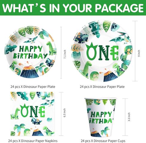 لوازم حفلات أعياد الميلاد الأولى على شكل ديناصور - أدوات مائدة لتزيين حفلات الديناصورات لعيد الميلاد الأول، طبق، كوب، منديل، أواني طعام لتزيين حفلات الديناصورات لعيد ميلاد بعمر عام واحد | يخدم 24 in Kuwait