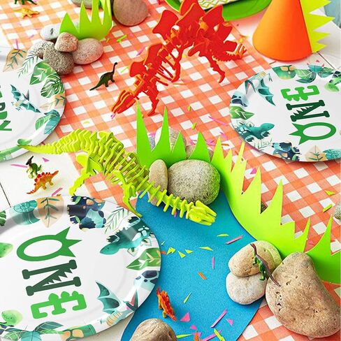 لوازم حفلات أعياد الميلاد الأولى على شكل ديناصور - أدوات مائدة لتزيين حفلات الديناصورات لعيد الميلاد الأول، طبق، كوب، منديل، أواني طعام لتزيين حفلات الديناصورات لعيد ميلاد بعمر عام واحد | يخدم 24 in Kuwait
