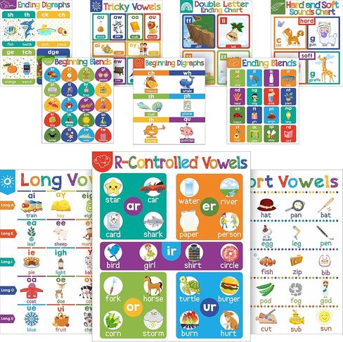 10 Pieces English Phonics Language Arts Charts Posters Bulletin Board Set Classroom Decorations Vowel Phonics Wall Charts Organization Learning Posters for Kindergarten Homeschool Wall Decor Supplies in Saudi Arabia