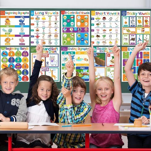 10 Pieces English Phonics Language Arts Charts Posters Bulletin Board Set Classroom Decorations Vowel Phonics Wall Charts Organization Learning Posters for Kindergarten Homeschool Wall Decor Supplies in Saudi Arabia