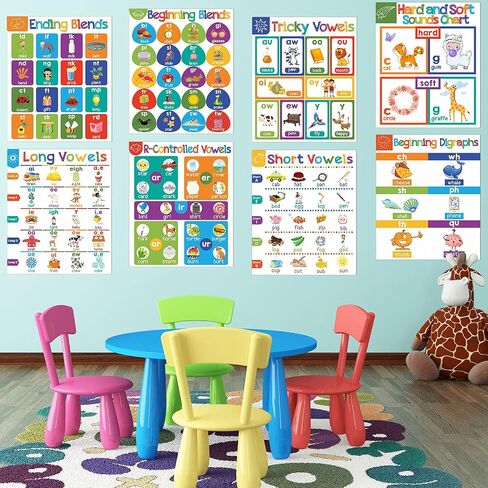 10 Pieces English Phonics Language Arts Charts Posters Bulletin Board Set Classroom Decorations Vowel Phonics Wall Charts Organization Learning Posters for Kindergarten Homeschool Wall Decor Supplies in Saudi Arabia