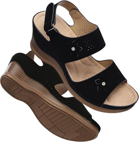 TEMOFON Womens Sandals Low Wedge: Platform Ankle Strap Wedge Sandals - Dressy Summer Open Toe Sandals - Comfortable Sandal Women in Saudi Arabia