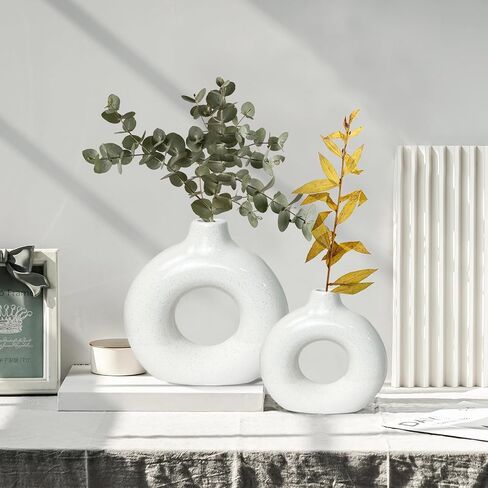 2PCS White Donut Vases, Modern Ceramic Vases for Pampas Grass, Boho Vase Home Decor in Saudi Arabia