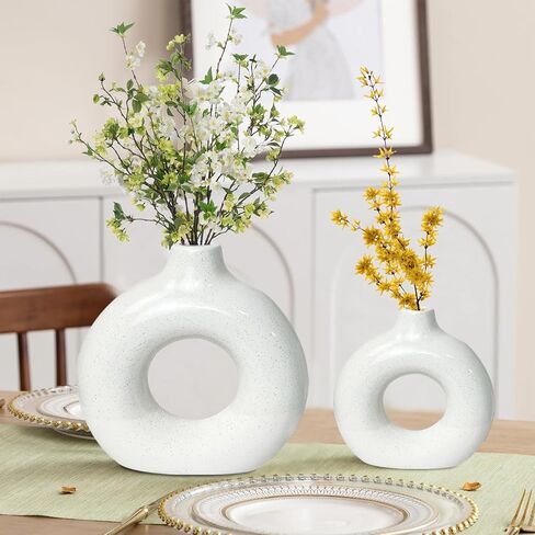 2PCS White Donut Vases, Modern Ceramic Vases for Pampas Grass, Boho Vase Home Decor in Saudi Arabia