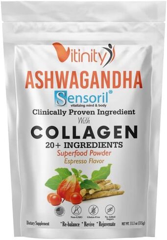 ASHWAGANDHA SUPERFOOD 20+ مكون رئيسي، مسحوق الكولاجين (مزيج متعدد) مع مستشعر مثبت سريريًا (أشواغاندا) للبالغين، توصيل سائل سريع المفعول (كمية تكفي لمدة 30 يومًا) in Kuwait